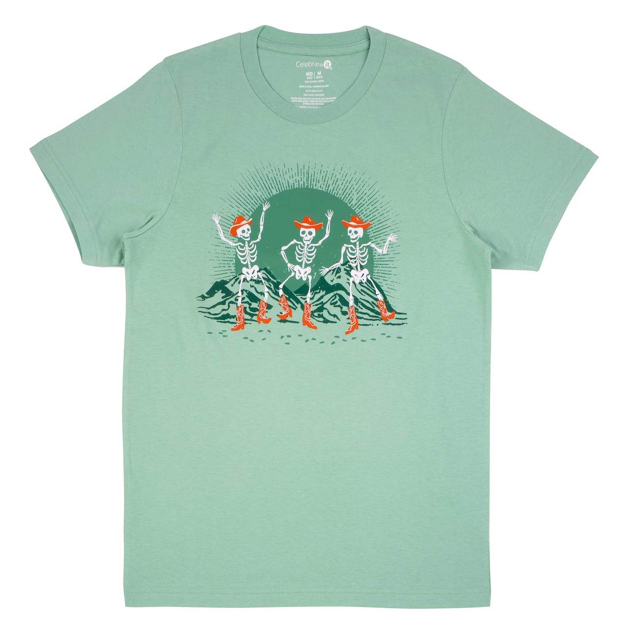 Sage Green Dancing Cowboy Skeletons Adult Crew Neck T-Shirt by Celebrate It™